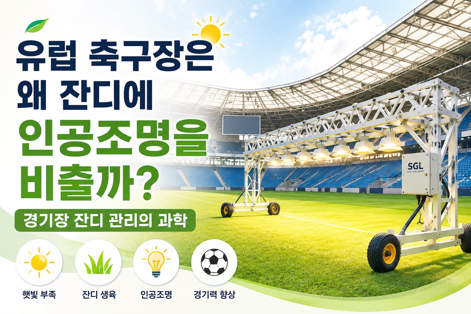 유럽 축구장에서 인공조명으로 축구장 잔디를 관리하는 모습